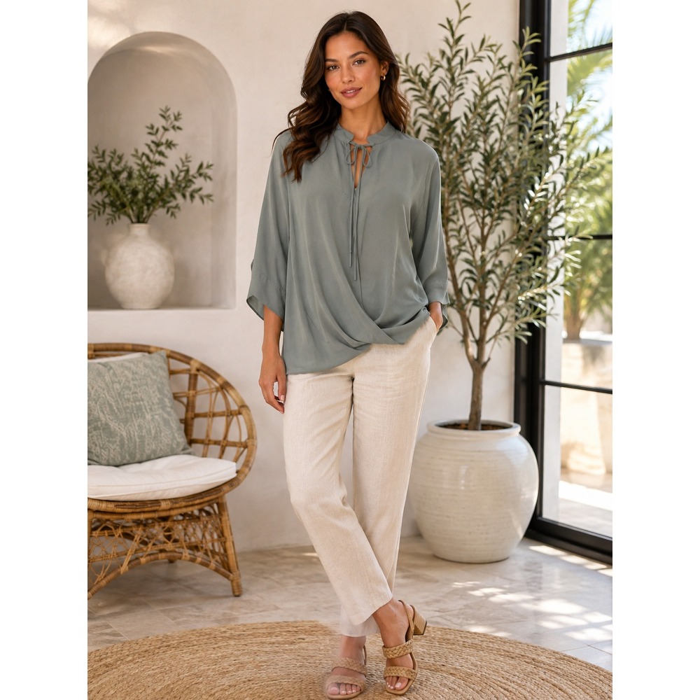 NWT LUMIE Women XS Blouse Sage Green Crossover Tie Neck Dolman Sleeve Lagenlook